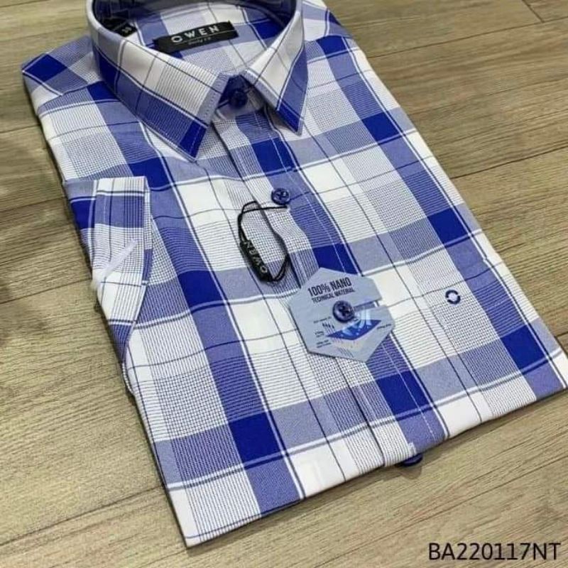 Áo sơ mi nam ngắn tay OWEN BA220117NT somi công sở vải nano cao cấp màu caro lớn xanh trắng dáng suông tà bằng có túi