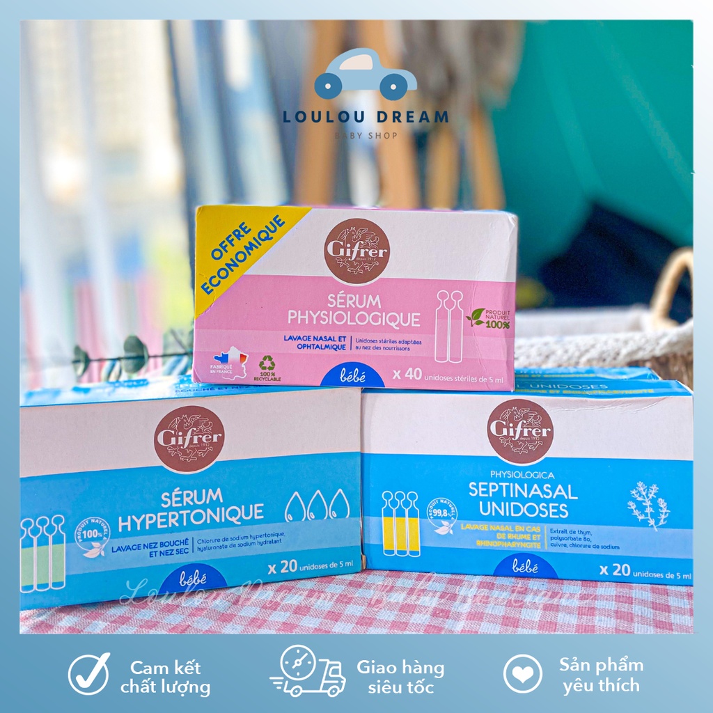Nước muối sinh lý Gifrer chính hãng Pháp tép xanh tép vàng - Sérum Hypertonique / Septinasal Unidoses [BAY AIR]