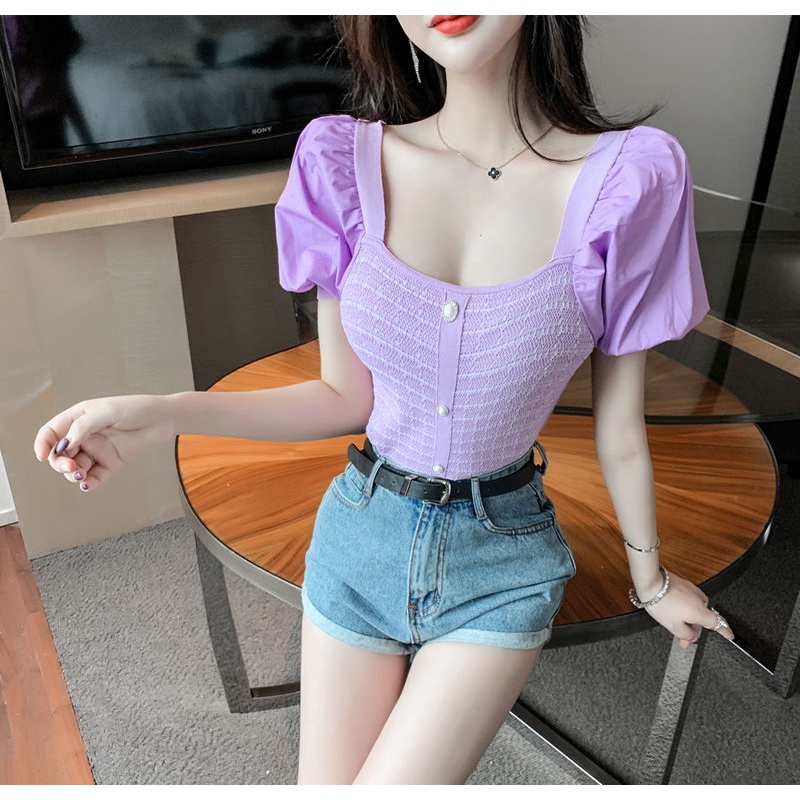 Áo dệt kim tay ngắn phồng cổ vuông phong cách Hong Kong thời trang dành cho nữ