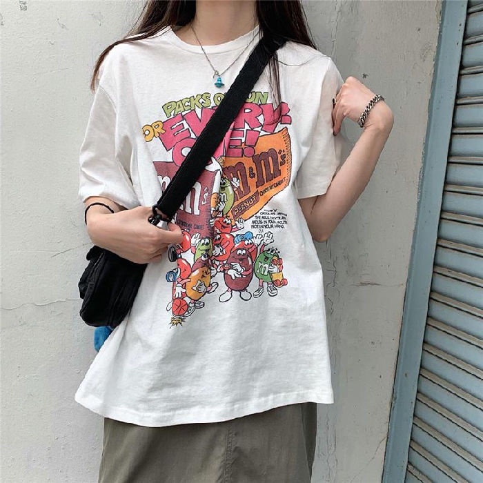 Short sleeve cotton T-shirt for women 2020 summer new Korean loose fun cartoon print white top for women