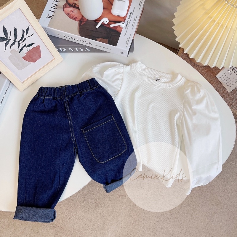 Set áo thun tay bồng quần jean bé gái, bộ quần bò cho bé, kèm dây yếm - camie kids