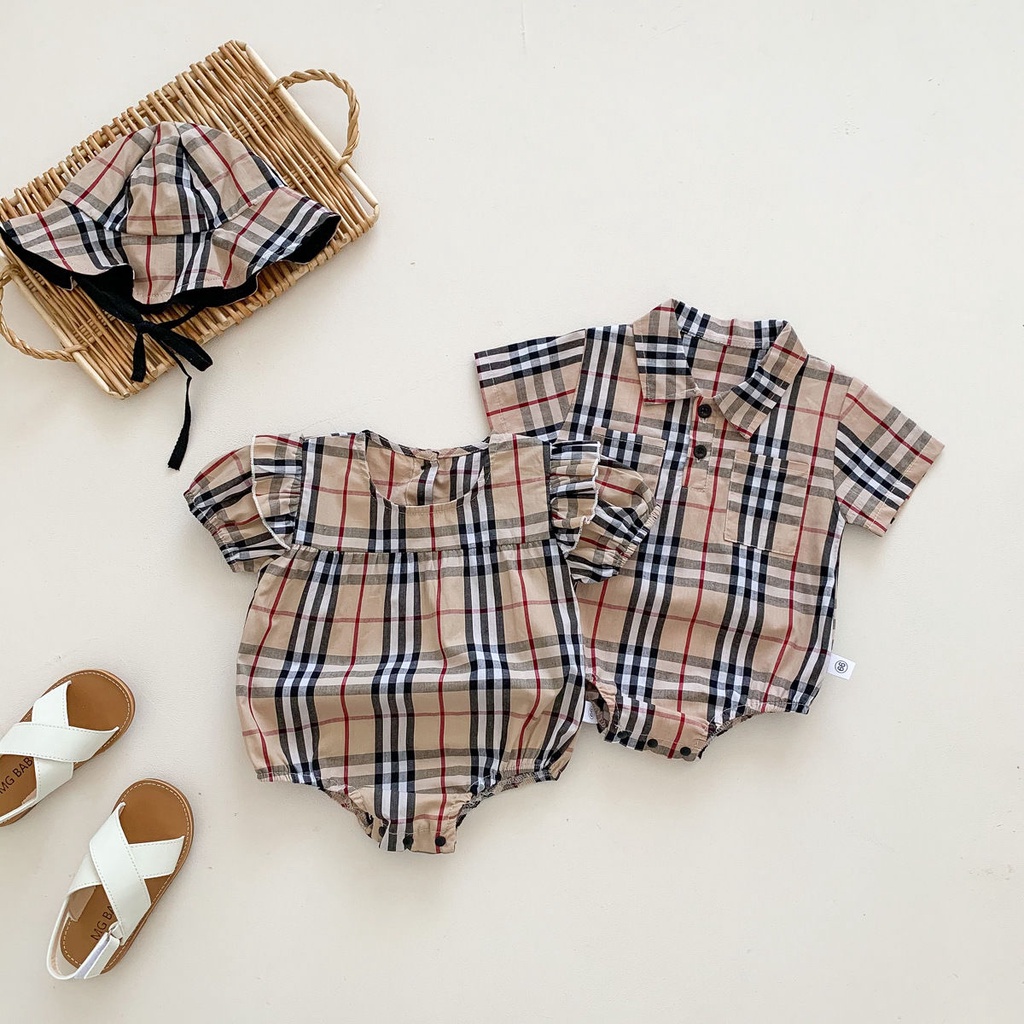 Bộ Áo Liền Quần Ngắn Tay Chất Liệu Cotton Họa Tiết Sọc Caro Thời Trang Mùa Hè Cho Bé Sơ Sinh