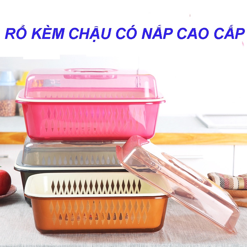 Bộ thau rổ có nắp chữ nhật, hộp nhựa có nắp và rổ nhựa, khay rổ úp chén ly có nắp 34,5x25,5cm cao 15cm