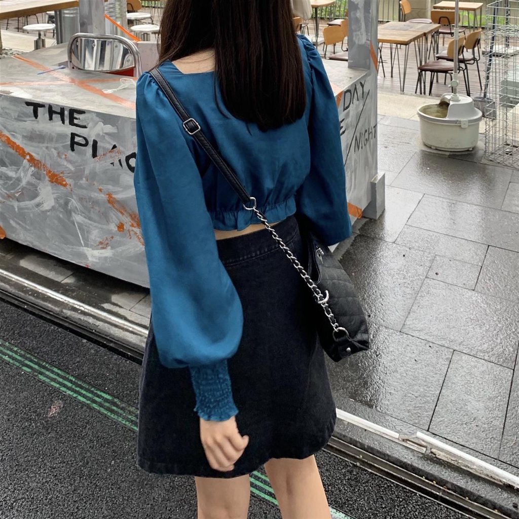 Áo Lụa Tay Dài Dáng Ngắn Màu Xanh Dương Phong Cách Thời Trang Hàn Quốc 2022
