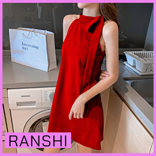 Váy Cổ Yếm Không Tay RANSHI Đầm Suông Thắt Nơ Lệch Siêu Sang Đi Làm Dự Tiệc Cho Nữ Màu Đen Và Đỏ- RBD012