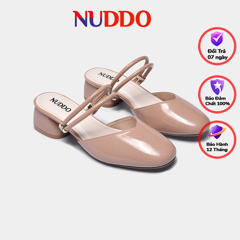 Giày cao gót nữ 3 phân NUDDO mũi tròn gót vuông dáng sandal kín mũi da bóng đẹp phong cống sở thời trang Hàn Quốc