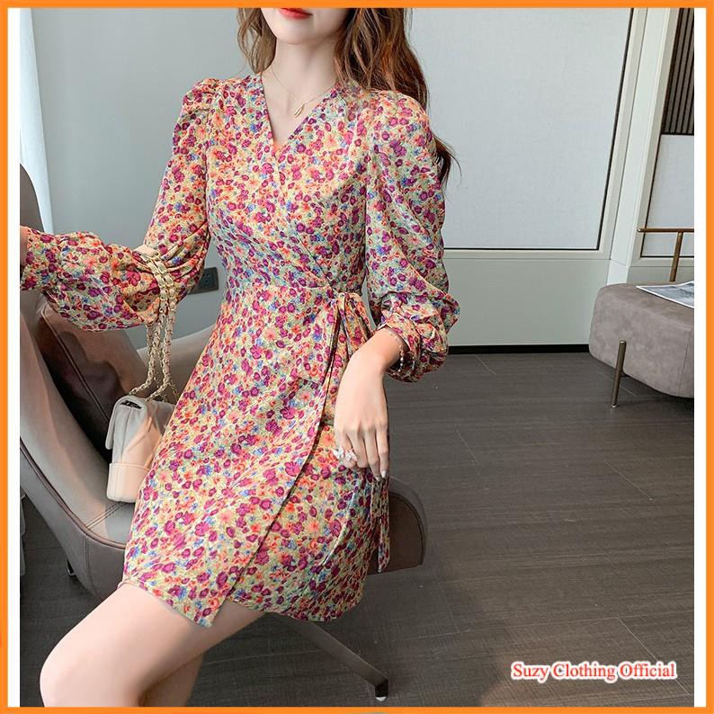 Đầm Dự Tiệc Chất Voan Hoa Nhí Thắt Eo Chéo Tay Phồng Ulzzang | BigBuy360 - bigbuy360.vn