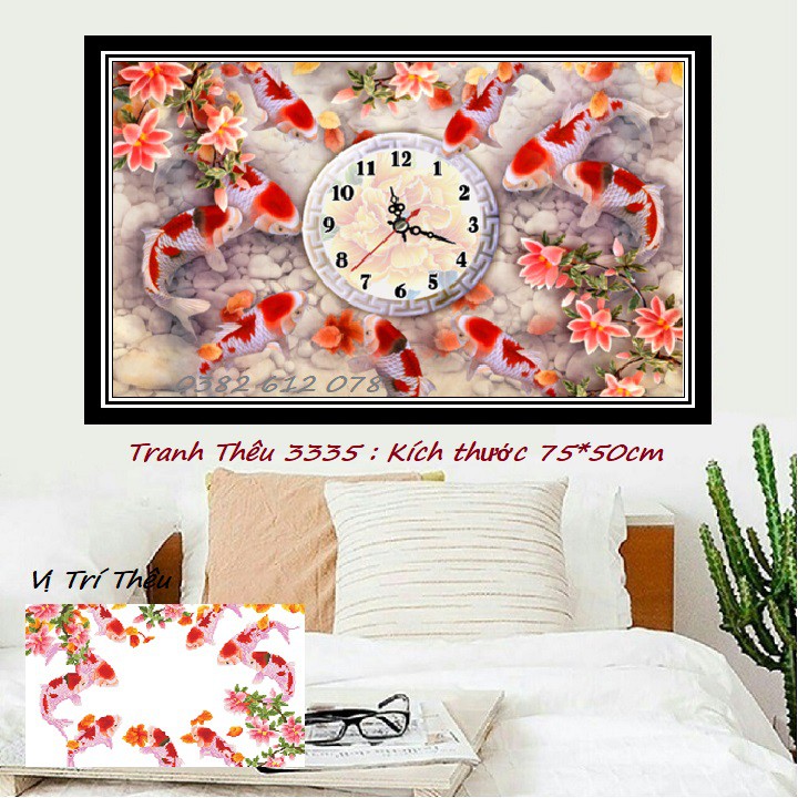 Tranh Thêu Chữ Thập Đồng Hồ Cửu Ngư Quần Hội - Tranh Thêu 3D LV3335