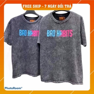 Áo thun bad habits Wash Logo hồng Áo ngắn tay không cổ Nam nữ Kun Shop