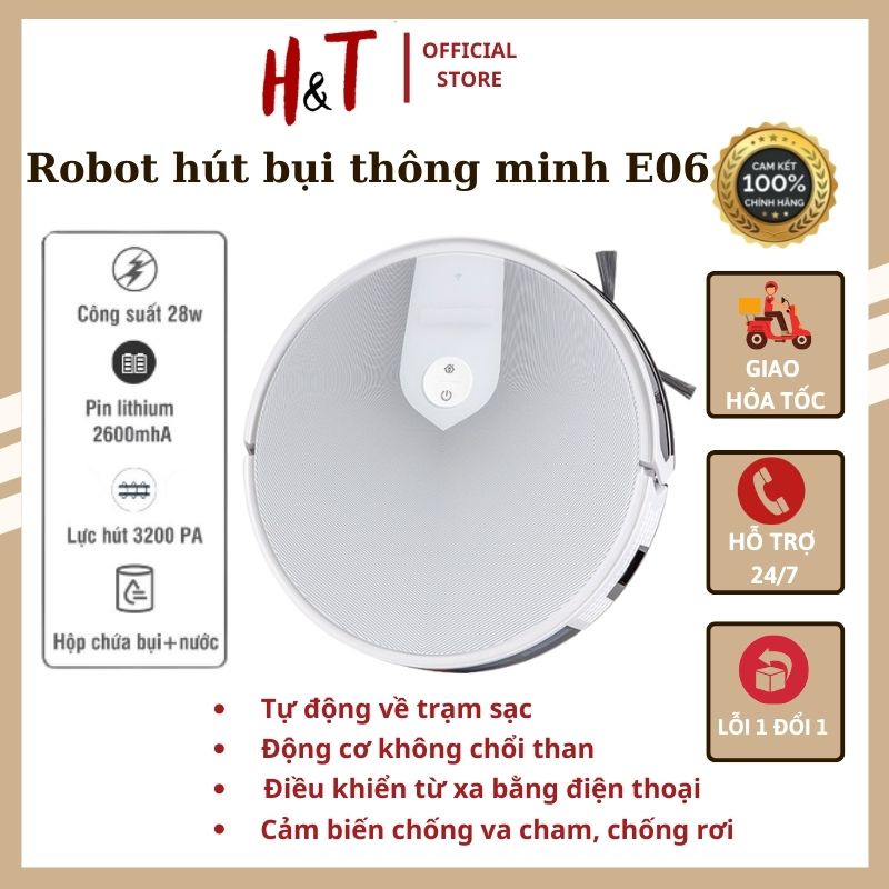 Robot hút bụi lau nhà thông minh E06 kết nối App điện thoại - Rô bốt hút bụi tự động, lau siêu sạch cảm biến chống rơi