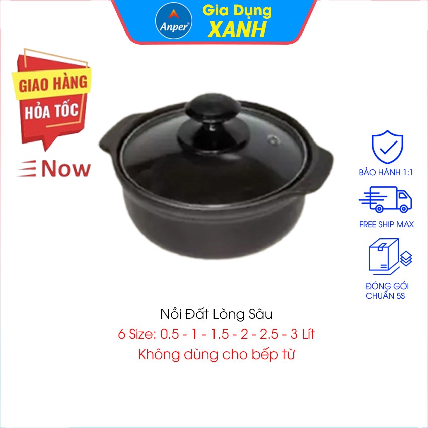 Nồi đất kho cá thịt  ANPER Loại 1 Size 0.5L 1L 1.5L 2L 3L (ko bếp từ )  nấu mì cay kho quẹt kiểu hàn quốc