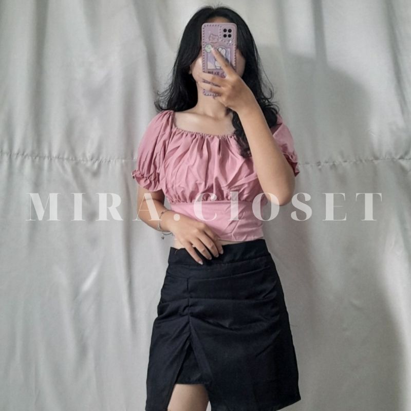 Áo Croptop Voan Ngắn Tay MIRA.CLOSET Bồng Bềnh Nhún Ngực Phối Nơ Lưng Siêu To A5170