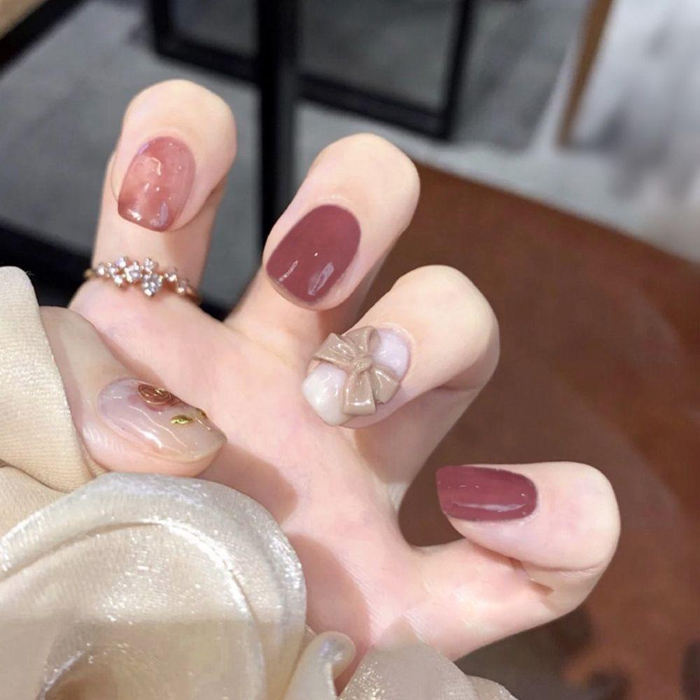 Hộp 24 Móng Tay Giả Ngắn / Tròn / Vuông Có Thể Tháo Rời