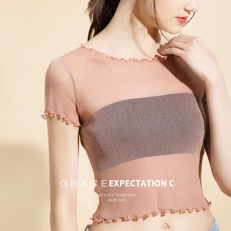 Áo Ống Vải Lưới Tay Ngắn Lấp Lánh Thời Trang Mùa Hè Cho Nữ Áo Croptop Chạy Viền