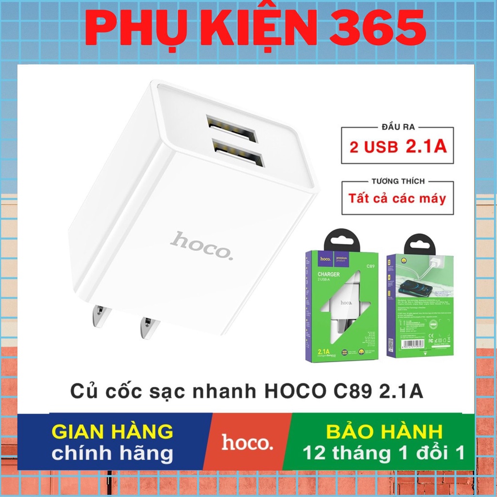 Củ sạc C89 2 cổng USB, sạc nhanh 2.1A Max, thích hợp với nhiều dòng điện thoại, chân cắm tiêu chuẩn US
