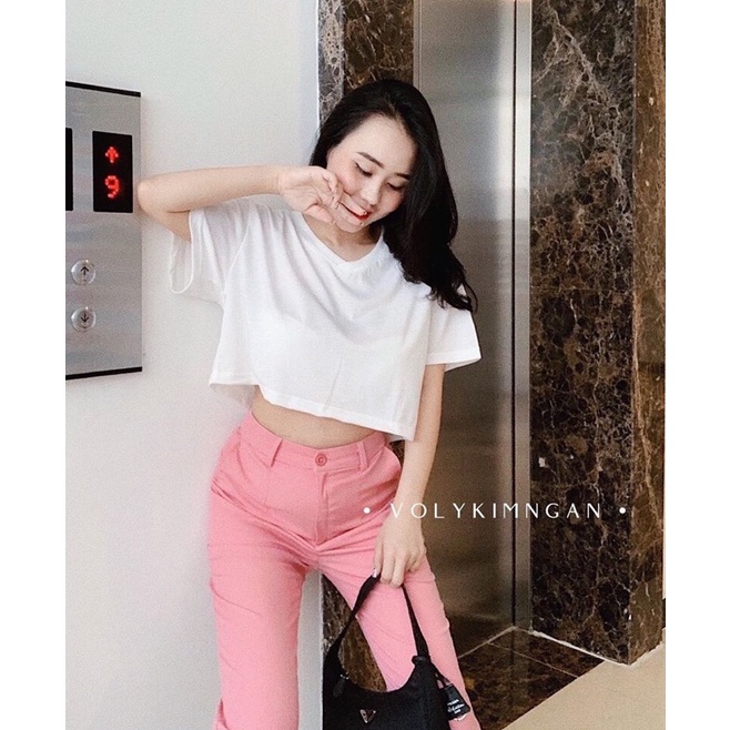 Áo croptop nữ cổ tim tay ngắn form rộng 100% cotton , Croptop cổ chữ V