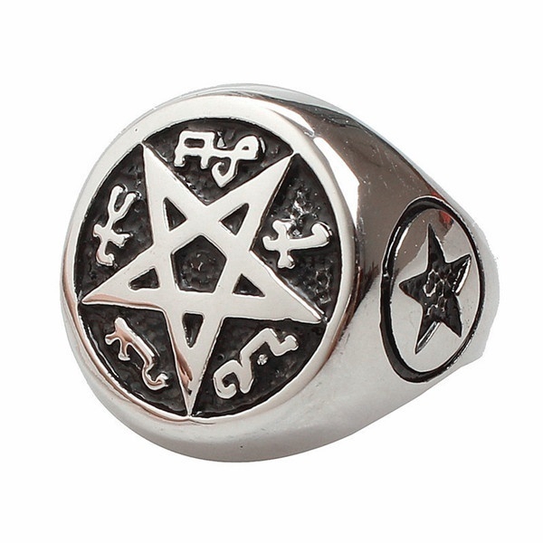 Gothic Punk Satanism Inverted Pentagram Satanic Polished Mens Ring Jewelry