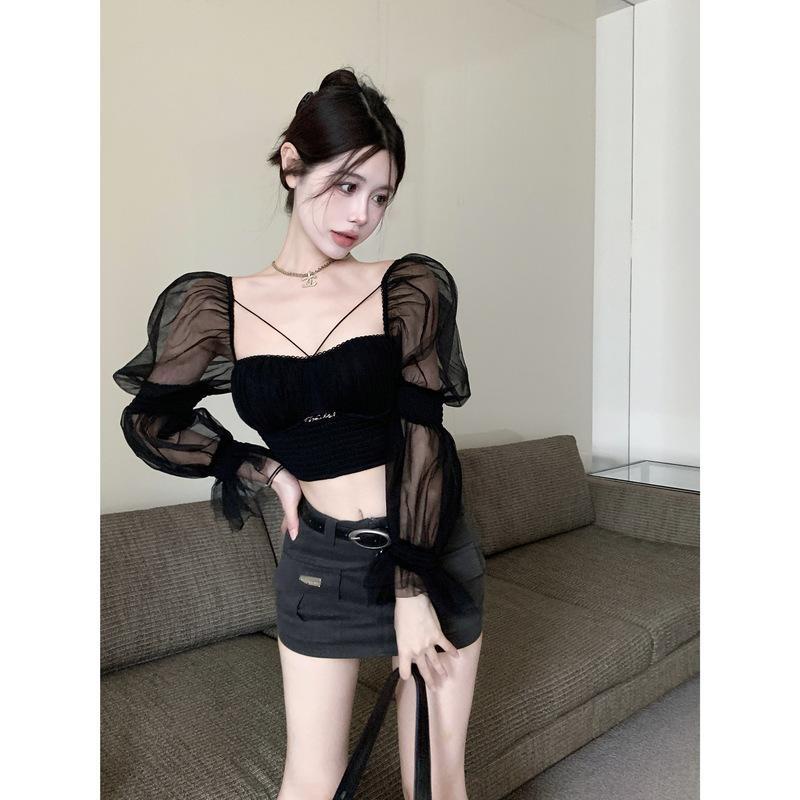 Áo Voan Tay Dài Hở Vai Màu Đen Thời Trang Dành Cho Nữ 9220