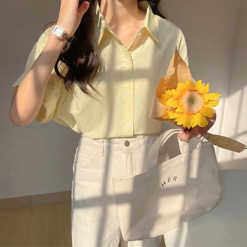 Áo Sơ Mi Ngắn Tay Màu Vàng Nhạt Thiết Kế Mới Thời Trang Mùa Hè Theo Phong Cách Pháp Cho Nữ