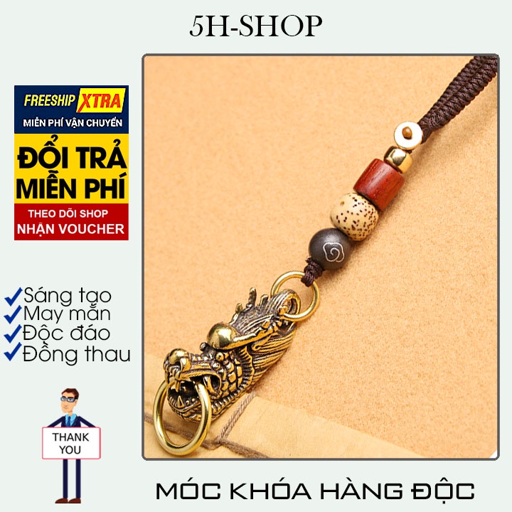 Móc khóa đồng thau vòng đeo tượng hình đầu rồng may mắn độc lạ phong cách bền bỉ đẹp 5H