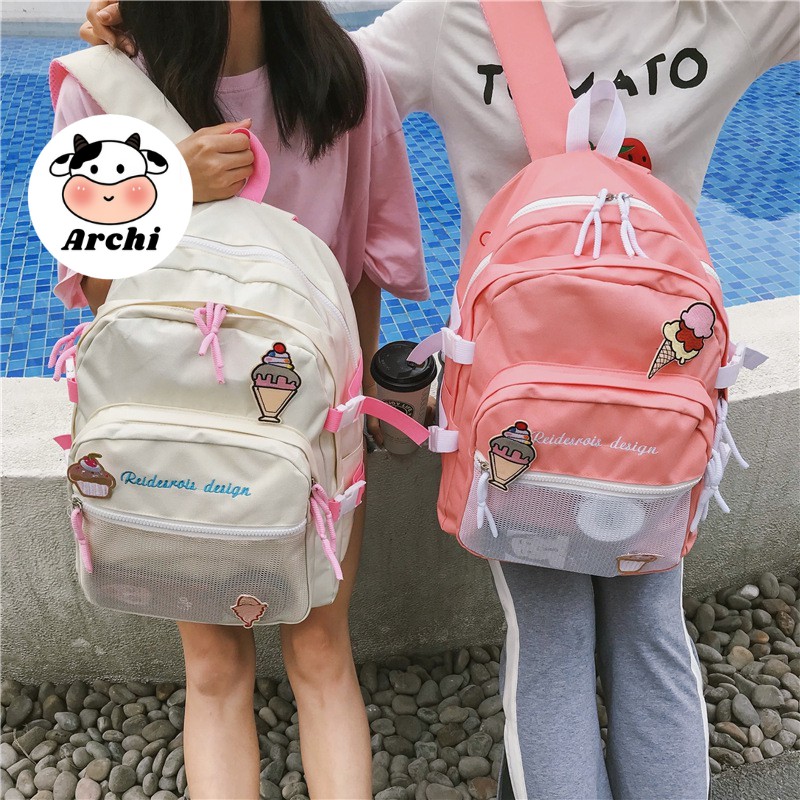 Balo ulzzang họa tiết kem ốc quế ( kèm sticker cài balo )