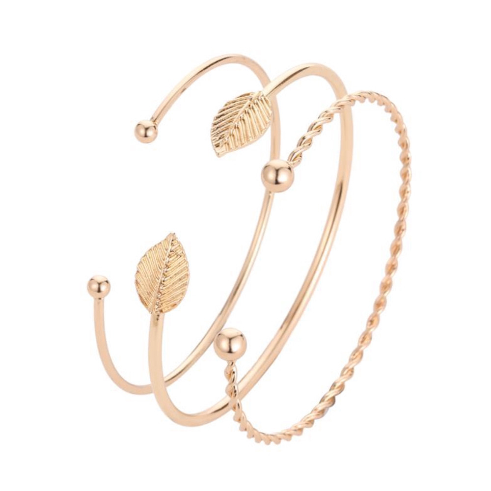 3pcs/set fashion woman Bohemian Vintage Leaf Opening Bracelet Adjustable gold Bangle Set