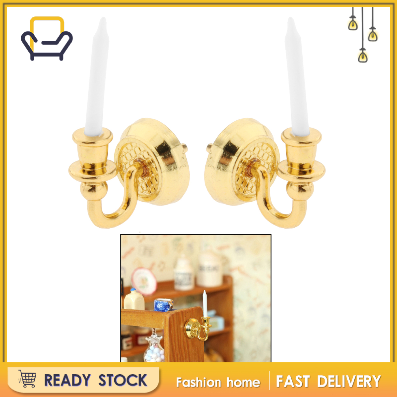 【Fashion home】1:6 1/12 Mini Doll House Wall Candle Holder Scene Model DIY Decor Props gold