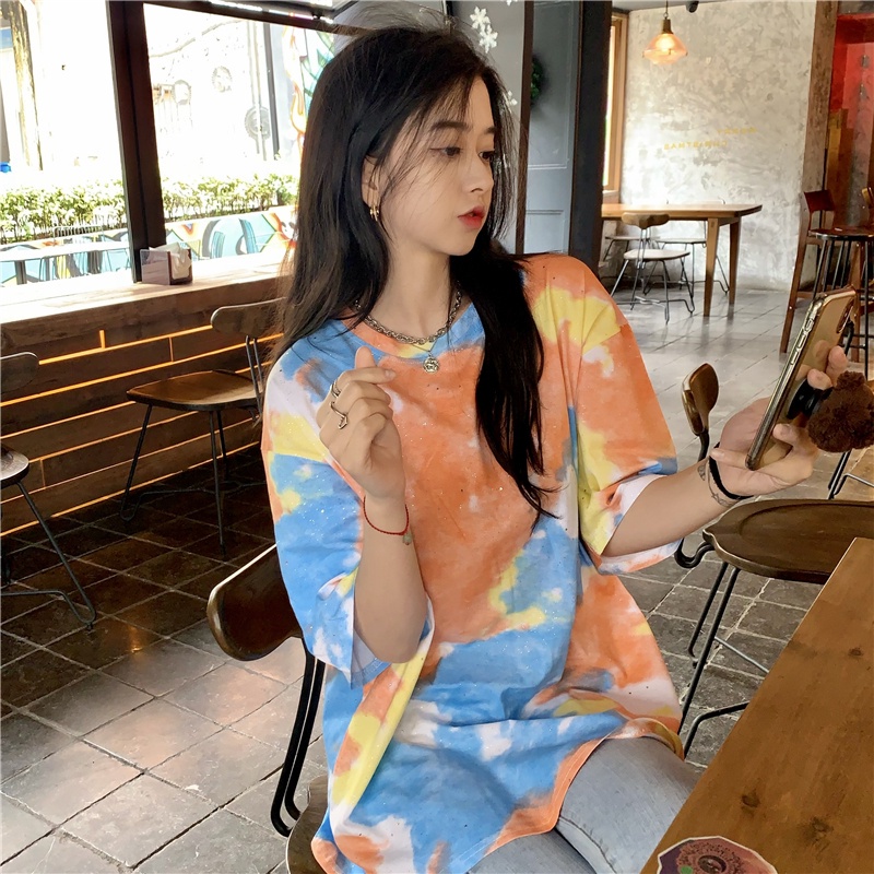 Áo Thun Tay Ngắn Dáng Rộng In Họa Tiết Màu Nhuộm Đính Sequin Thời Trang Mùa Hè Phong Cách Hàn Quốc Cho Nữ