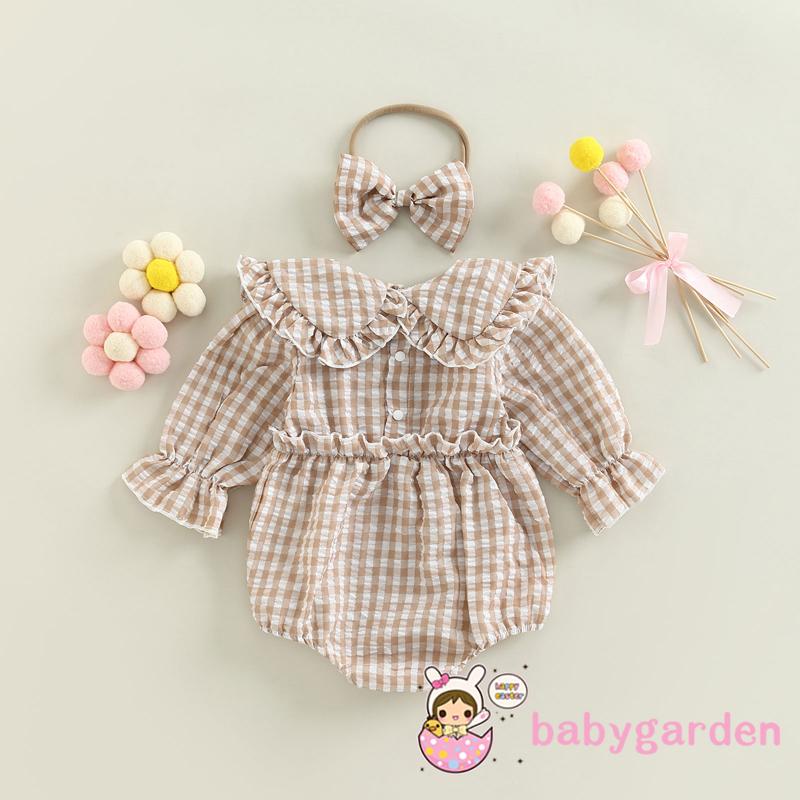 Bộ Áo Liền Quần Tay Dài Cổ Búp Bê Kẻ Sọc Caro + Băng Đô Cài Tóc Thời Trang Mùa Thu Cho Bé Gái 0-18 Tháng Tuổi