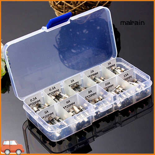 Bộ 100 cầu chì ống thủy tinh 5x20mm 0.2A-15A cho xe hơi