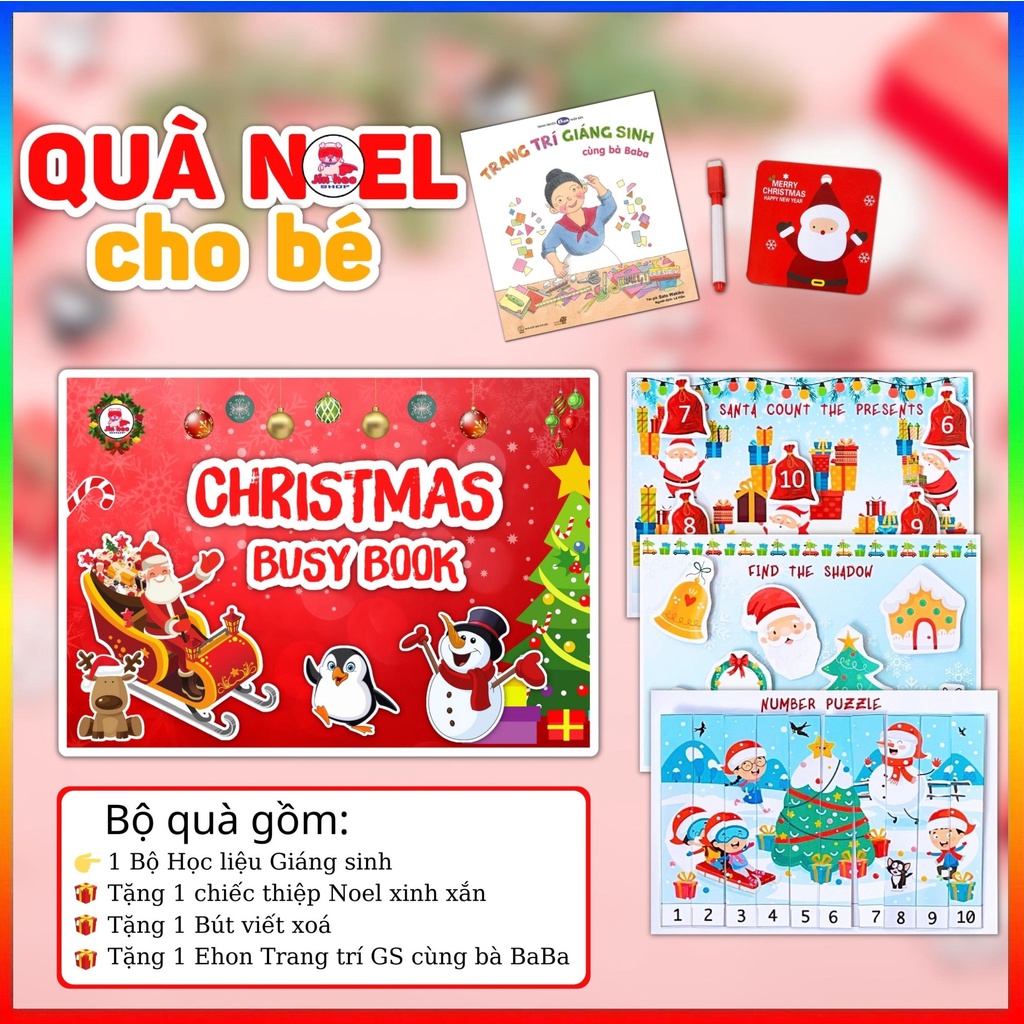 Quà Noel cho bé, Học liệu Giáng Sinh Christmas Busy Book, Học liệu Noel bóc dán Montessori, tặng kèm thiệp