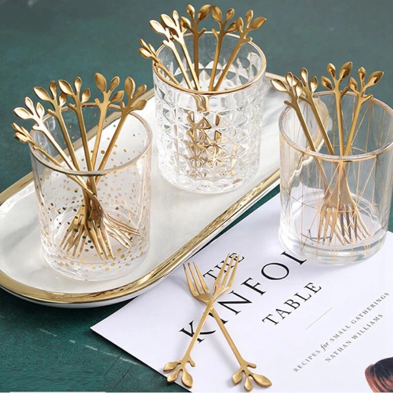 Set 20 Nĩa Ăn Trái Cây Hình Chiếc Lá Bằng Thép Không Gỉ