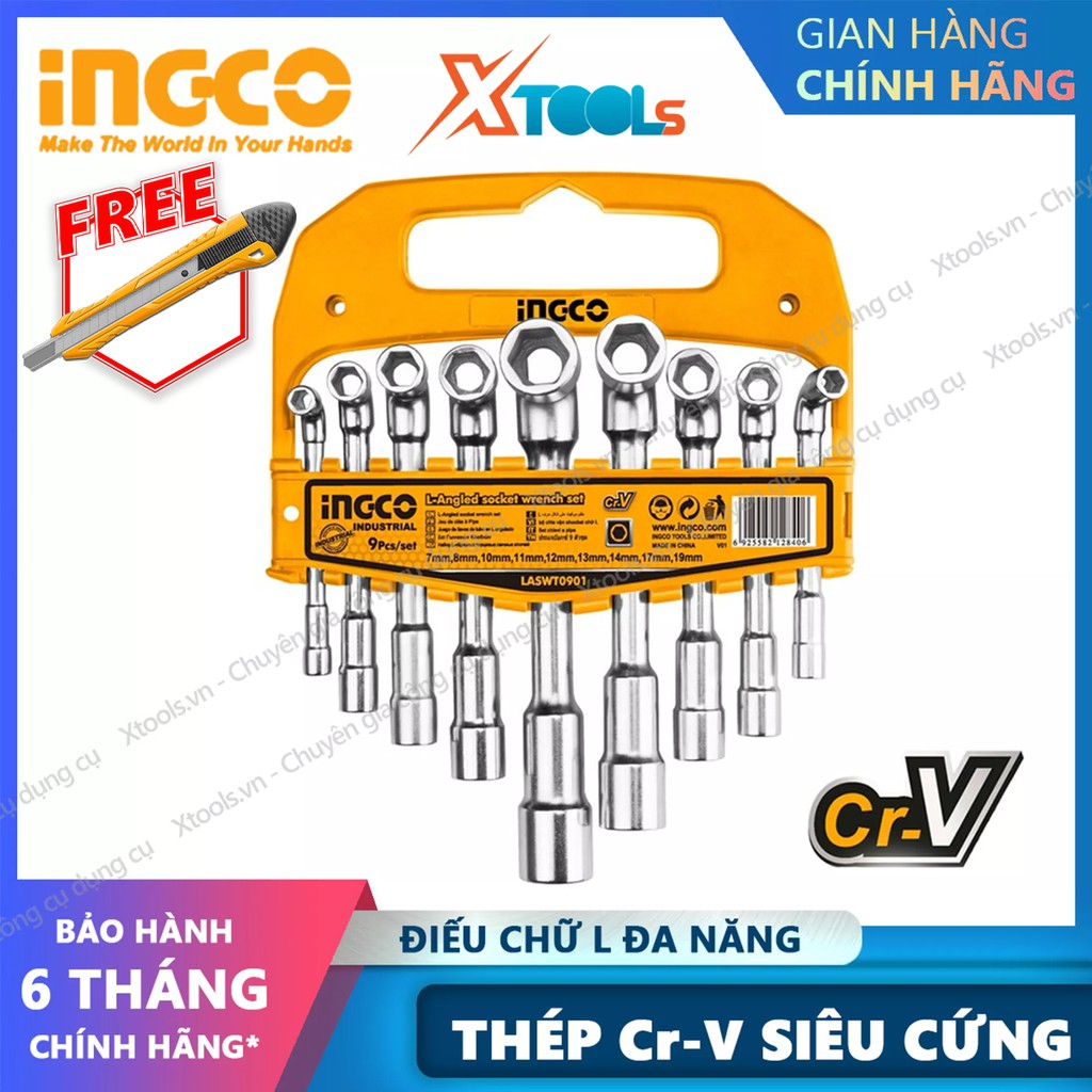 Bộ cờ lê vặn góc chữ L 9 chi tiết INGCO LASWT0901 7-19mm điếu chữ L thép Cr-V chống rỉ sét sửa chữa xe máy ô tô cơ khí