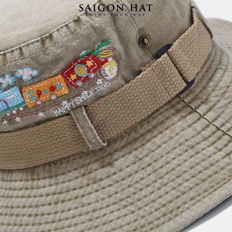 Nón bucket nữ có dây rút nón tai bèo nữ rộng vành nút bấm cao bồi năng động chất jean thêu hình dễ thương SAIGON HAT