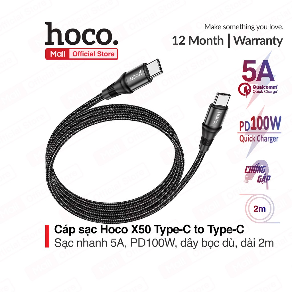 Cáp sạc nhanh HOCO X50 Type-C to Type-C, sạc nhanh 20V/5A, công suất 100W, dây bọc dù, đầu sạc chống gãy gập, dài 2m