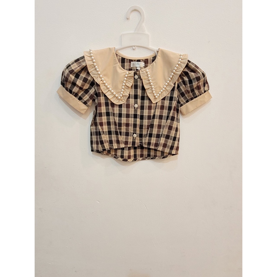 ÁO SƠ MI TAY PHỒNG CARO CỔ SEN CHO BÉ GÁI