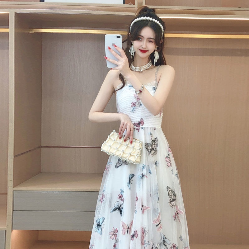 Đầm Lưới Hai Dây Ôm Eo Thêu Hình Bướm Thời Trang Hàng Mới 2022