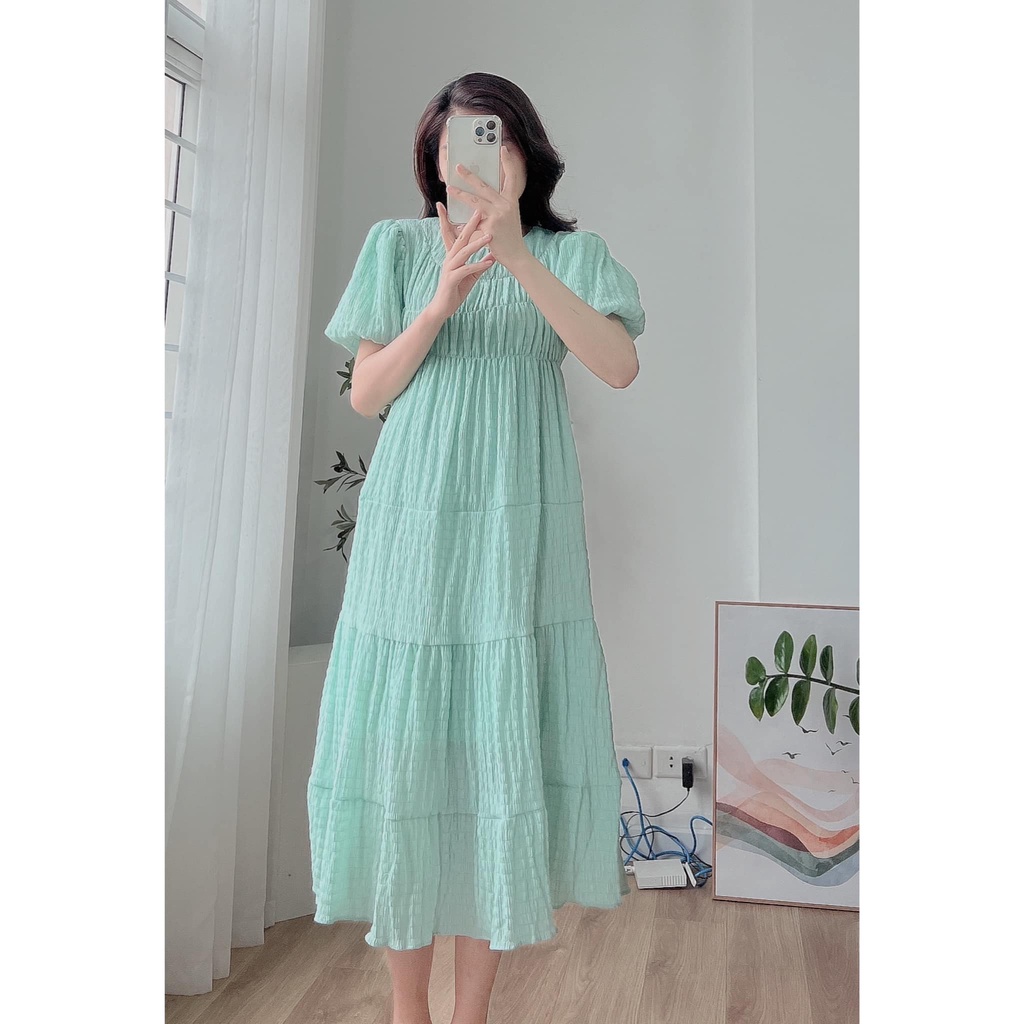 [Ảnh thật/Sẵn] Đầm - Váy babydoll nhún ngực dáng xòe chất đũi xốp tay bồng