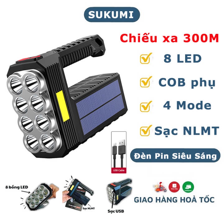 Đèn pin cầm tay siêu sáng chiếu xa 300m 8 bóng led, đèn pin sạc năng lượng mặt trời có COB Led 4 chế độ sáng