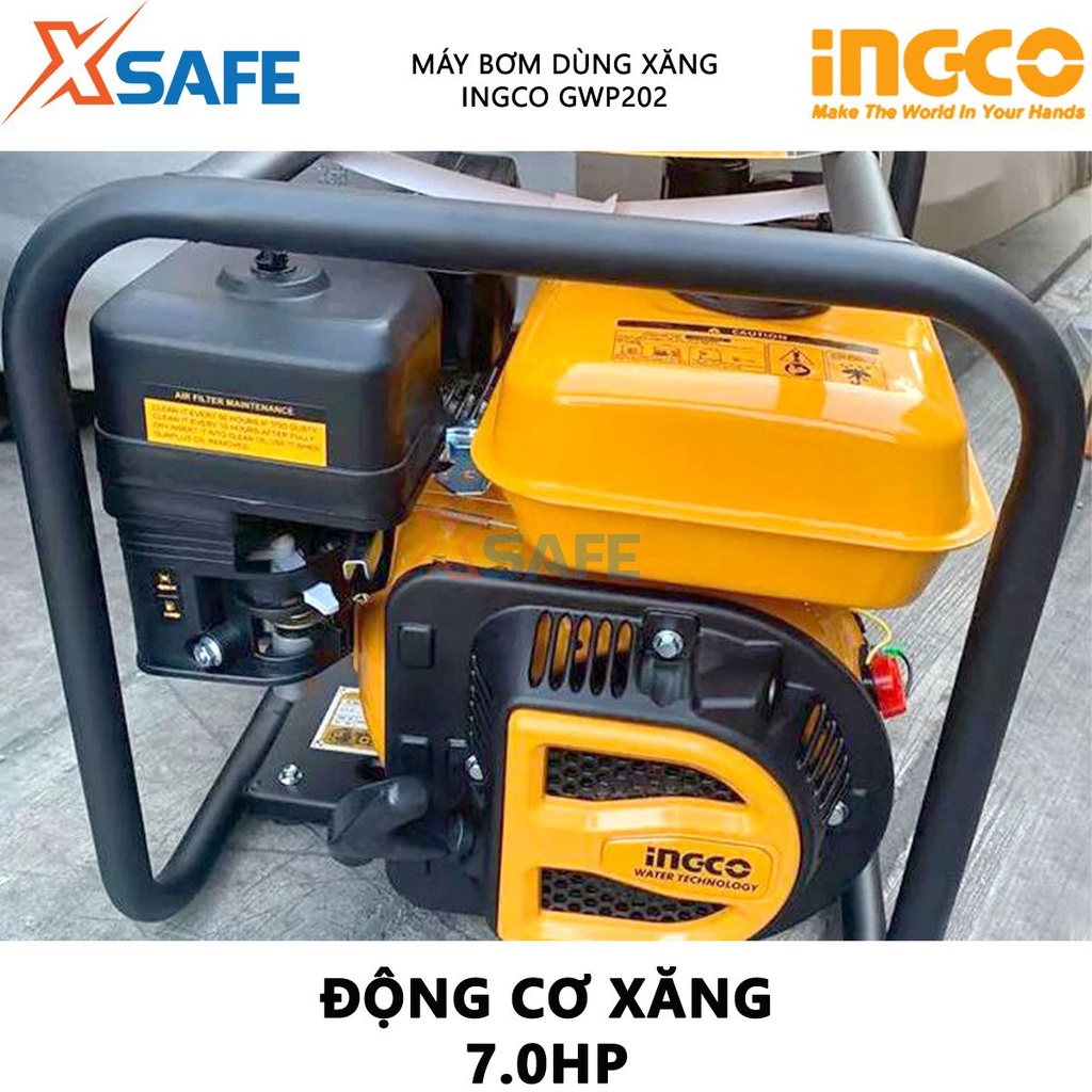 Máy bơm nước dùng xăng INGCO GWP202 Máy bơm nước động cơ xăng 7.0HP, dung tích xi lanh 208cc, bình nhiên liệu 3,6L-XSAFE