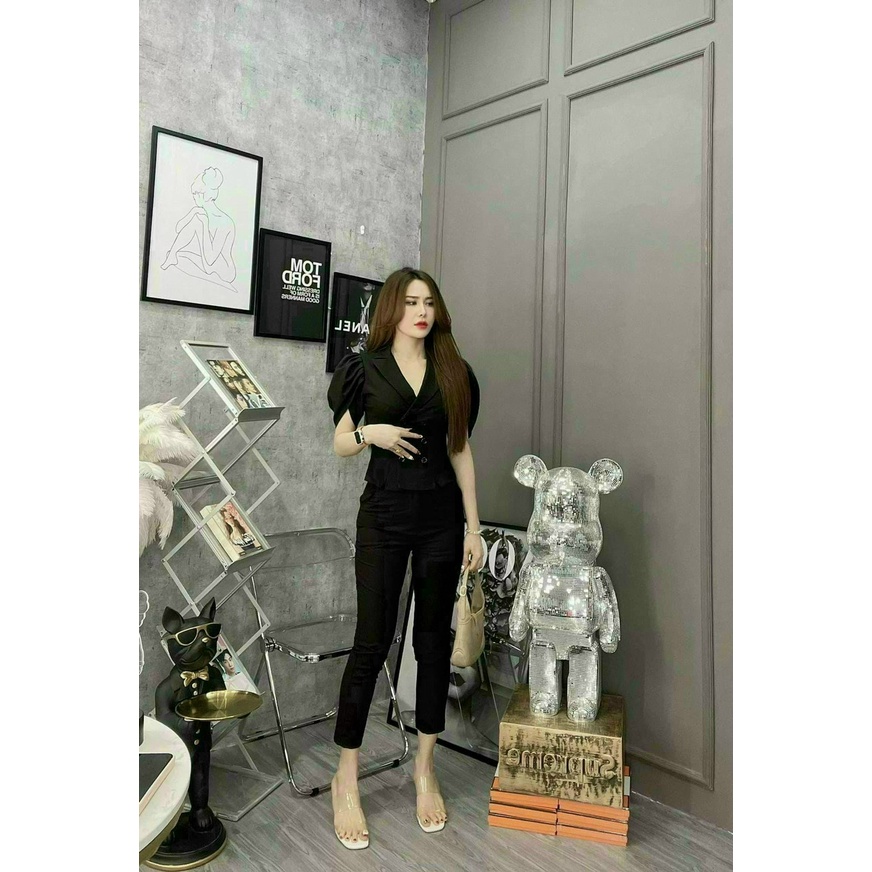 (Ưu Đãi Freeship)Set bộ công sở áo vest phối quần có túi,bộ thiết kế tay phồng sang trọng,chất tuyết mưa cao cấp
