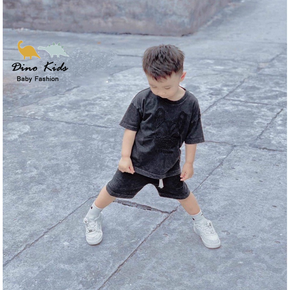 Bộ cộc tay bé trai, set bộ quần áo bò cotton cao cấp thêu họa tiết chú chó Buldog cho bé size 10-30kg