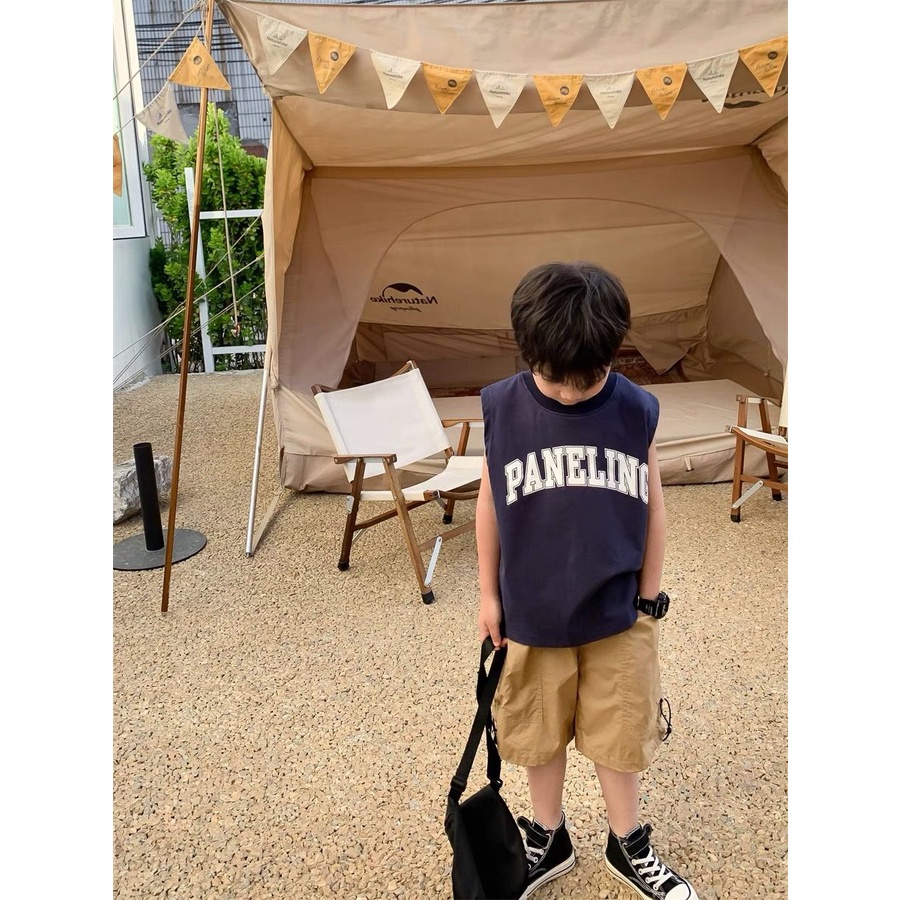 [Babycat] Hàng Có Sẵn Áo Thun Cotton Sát Nách Màu Trơn In Chữ Phong Cách Hàn Quốc Nhật Bản Dễ Thương Thời Trang Mùa Hè Cho Bé Trai