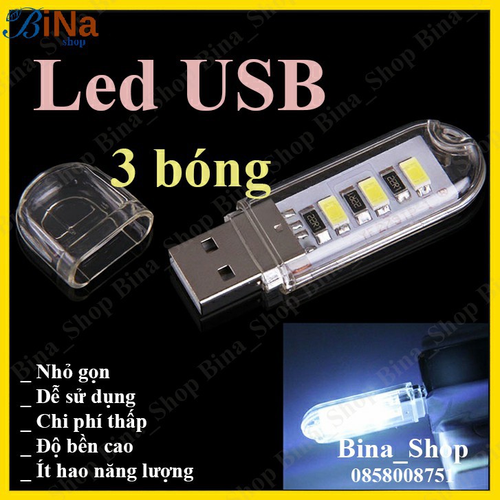 Đèn Led USB 3 bóng Trắng ấm / Vàng ấm