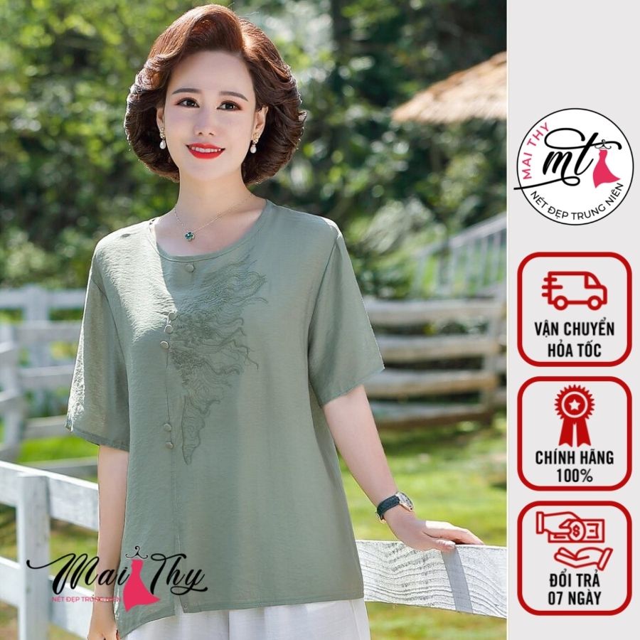 Áo Kiểu Trung Niên MT311, Mẫu Áo Tay Lỡ Cổ Tròn Thêu Hoa Xinh Xắn Cho Mẹ | Thời Trang Trung Niên Cao Cấp