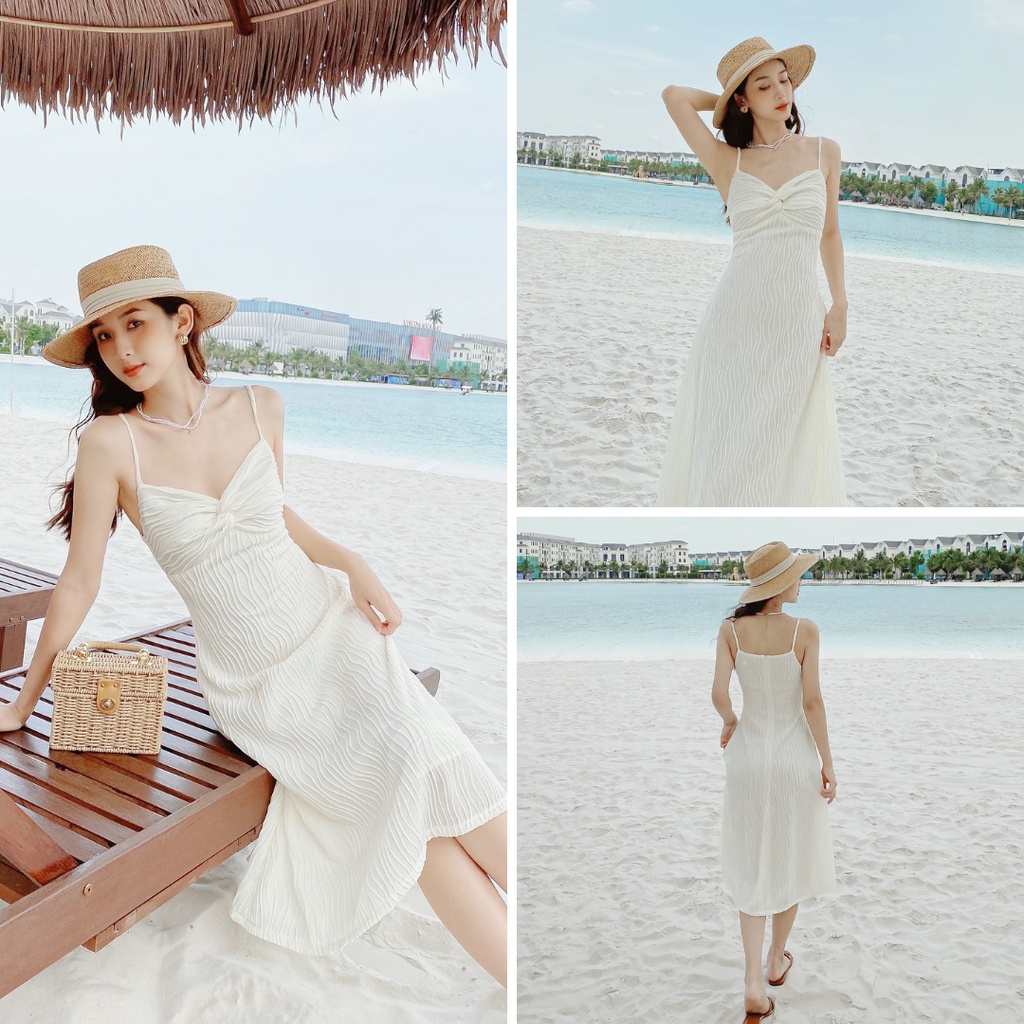 Đầm 2 dây xoắn ngực, Váy trắng 2 dây đi biển Cao Cấp vải thun gợn sóng nổi, ôm eo body nữ tính sexy - MiNhi