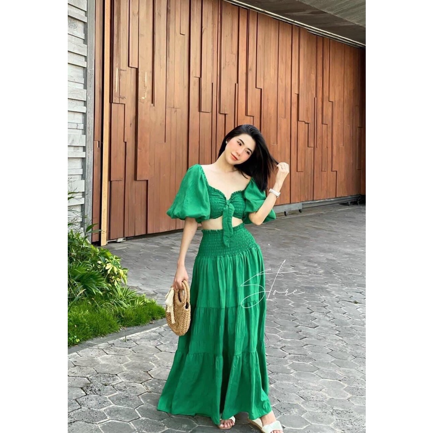 Đầm váy maxi đi biển đũi áo nhún xoè tay phồng set áo croptop tay bồng chân váy dài đi chơi đi biển xanh lá trắng hồng | WebRaoVat - webraovat.net.vn