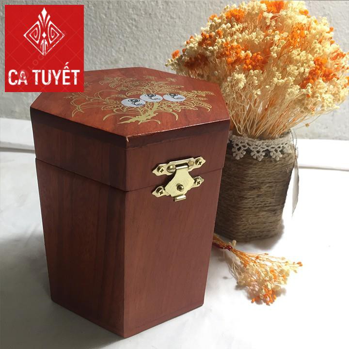Hộp đựng CHÈ GỖ lục giác khảm hoa văn đào lựu, CÓ KHÓA VÀNG LOẠI TO CAO ( ẢNH THẬT)
