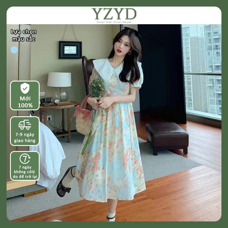 YZYD🌺 Đầm Maxi hoa ve áo ngắn tay ngọt gió nhẹ váy hoa chuông hẹn hò hợp thời trang đầm eo thon trên đầu gối YZYD-50039