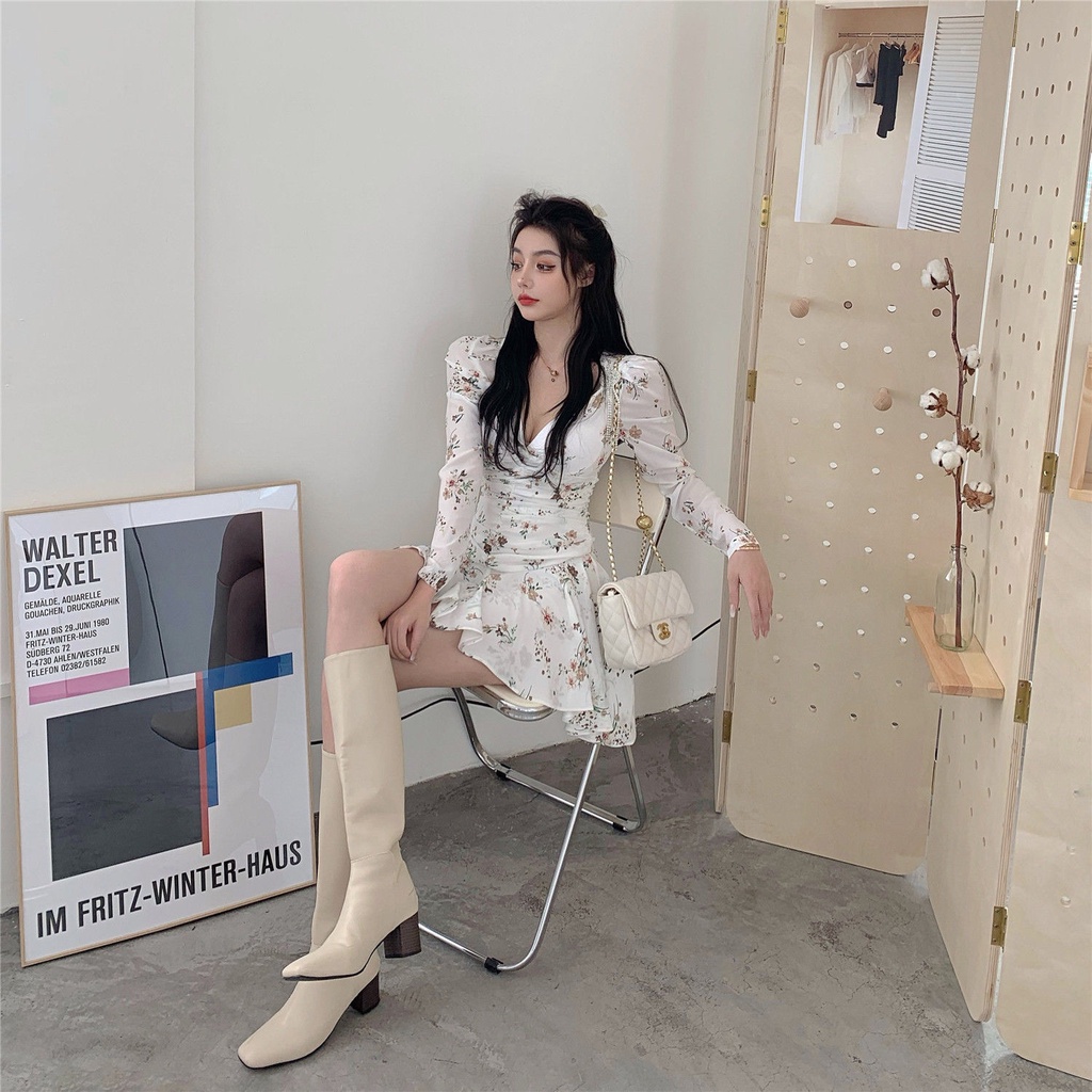 Đầm nữ cổ chữ V in hoa phong cách retro kiểu mới